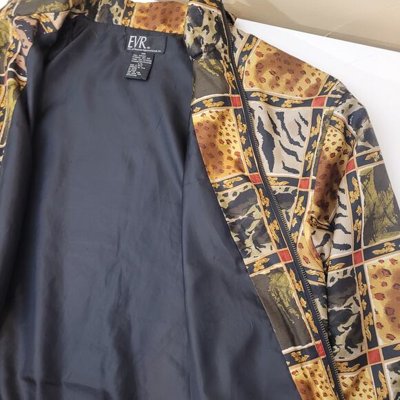 Vintage EVR 100 % Silk Patchwork Animal‑Print Bomber Jacket L Lined Zip Front - Picture 9 of 13
